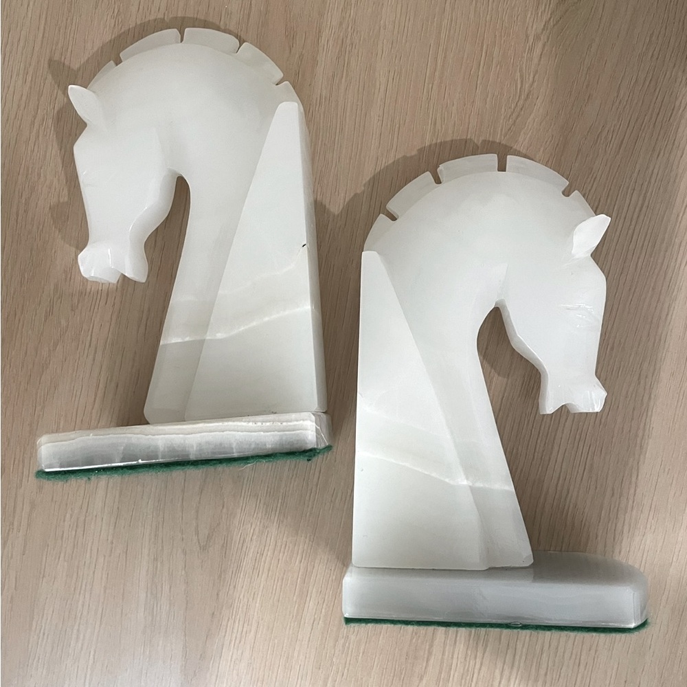 Vintage White Onyx Marble Hand Carved Horse Head Bookends